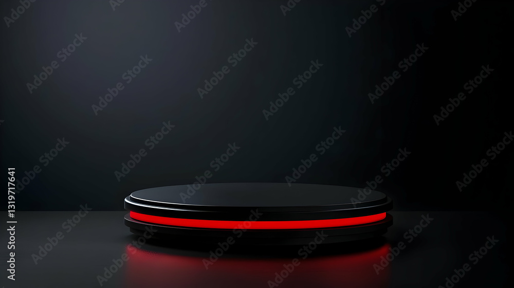 Poster black circular podium with red neon accent on a dark background in a minimalist studio setting with 