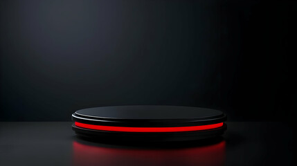 Black Circular Podium With Red Neon Accent On A Dark Background In A Minimalist Studio Setting With Dramatic Lighting