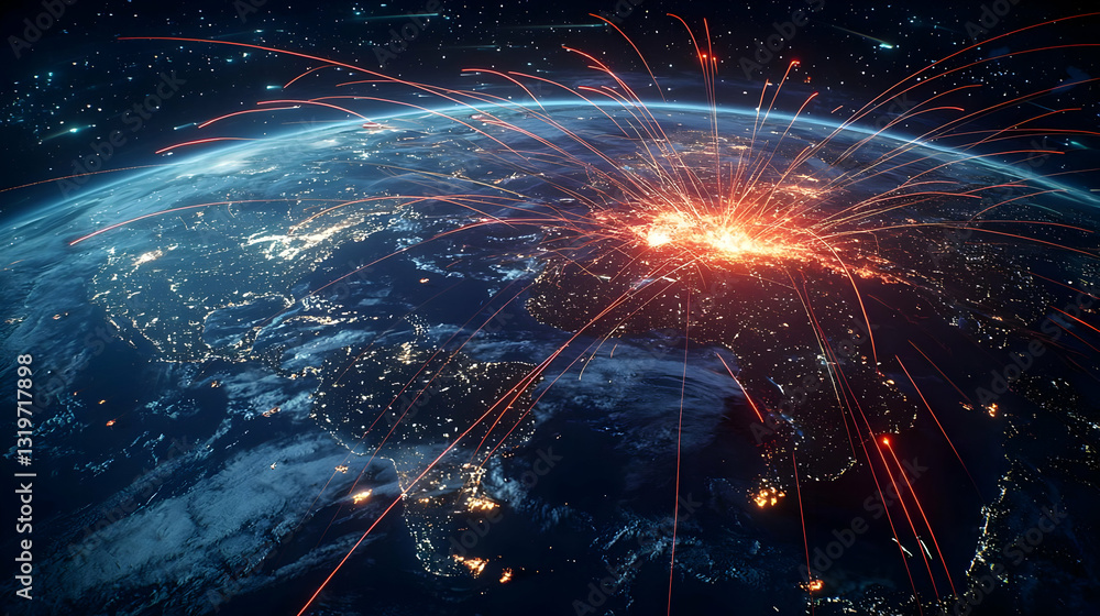 Poster abstract visualization of global network data flow around planet earth with interconnected points of