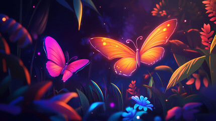 Glowing neon butterflies fluttering in a dark garden, magical glowtime, enchanting and whimsical. Vibrant Phosphor. Illustration