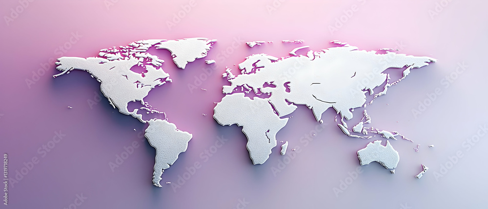 Poster white pixelated world map on a pink and purple gradient background representing global connectivity