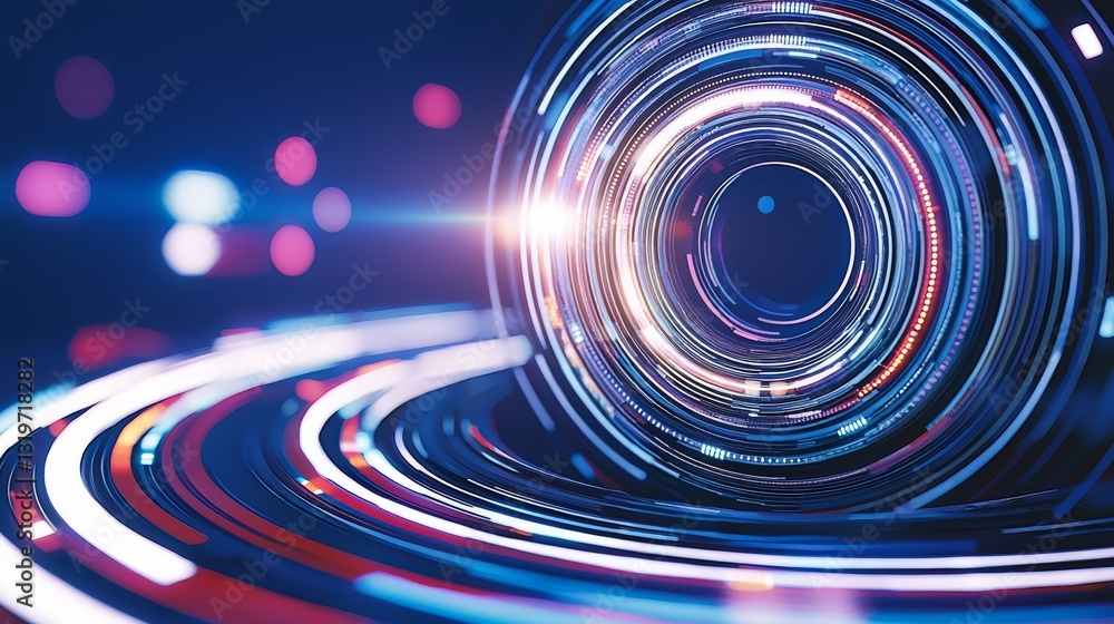 Poster blue circle with a red and white stripe in the middle. the circle is surrounded by a blurry, colorfu