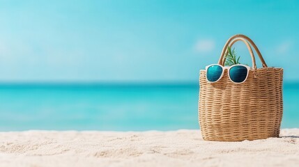 A trendy woven beach bag with sunglasses perched atop, placing emphasis on summer vibes. The plant accent adds a refreshing touch, ideal for vacations and sunny days.