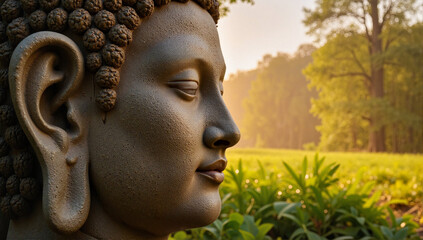 Serene Buddha statue in soft golden light, symbol of meditation
