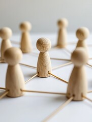 Obraz premium Network concept with wooden figures connected on a white surface symbolizing human resources strategy and management