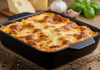 A freshly baked lasagna with a golden bubbly cheese crust in a rustic black baking dish