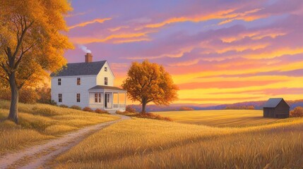 Fototapeta premium Serene countryside scene featuring a quaint house at sunset with vibrant sky and fields