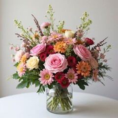a vase filled with pink, yellow and orange flowers