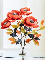 Synthetic flowers, arrangement, tabletop concept. Vibrant peonies in red and orange flourish atop a sleek glass tabletop, showcasing artistic elegance and color