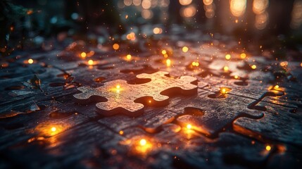 Obraz premium Glowing puzzle pieces on dark surface.