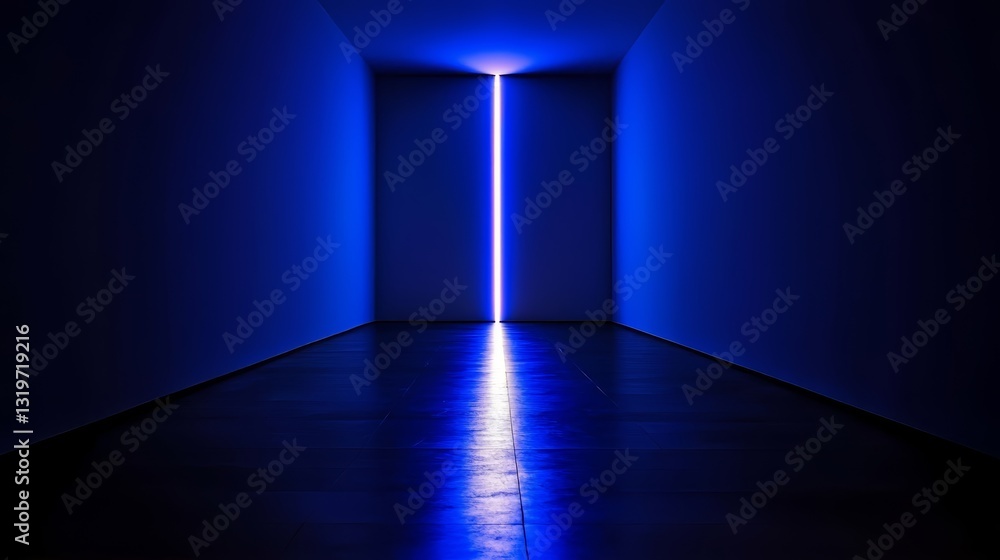 Aufkleber dimly lit room with a long blue line running down the center. the room is empty and the blue line is