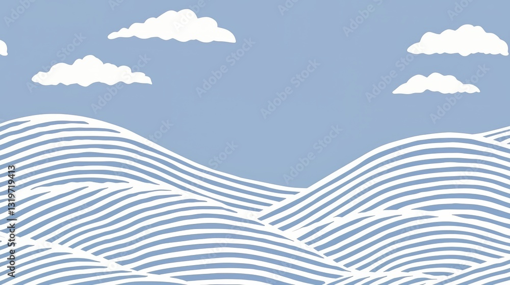 Poster blue sky with white clouds and a white ocean with white waves. the sky is clear and the ocean is cal