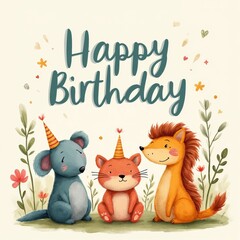 Fototapeta premium happy birthday card with animals and flowers