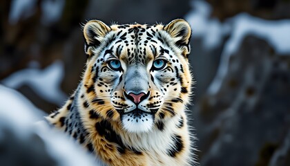 Majestic Snow Leopard Portrait  Wild Cat  Blue Eyes