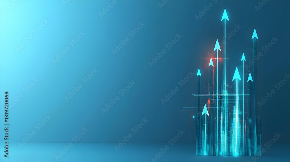 Poster glowing blue digital arrows ascending from pixelated data on gradient blue background symbolizing gr