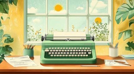 Typewriter on desk by window, sunny day outside. Home office for writing creative content