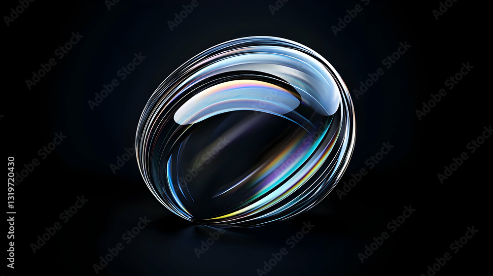 Poster iridescent glossy sphere with smooth reflective surface floating against a dark background with subt