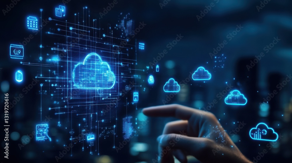 Poster cloud service concept with man finger touching digital screen with cloud service application icons a
