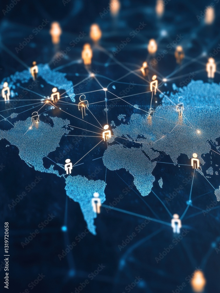 Poster global network connection concept. abstract image showing people icons linked across a world map, re