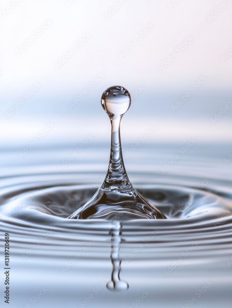 Poster close up of a clear water drop emerging from a water filter with soft reflections in bright natural 