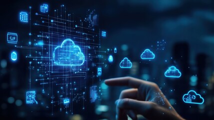 Cloud service concept with man finger touching digital screen with cloud service application icons at abstract city background