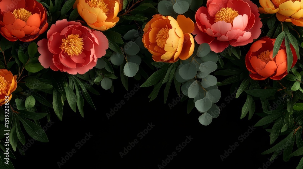 Poster bouquet of flowers with a black background. the flowers are orange and red. the flowers are arranged