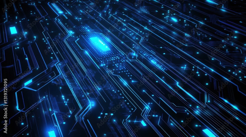 Poster abstract neon blue tech circuit board lines sci-fi scheme design. futuristic computer chip backgroun