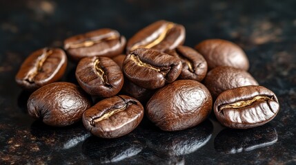 Lot of whole fresh coffee bean isolated on black glass