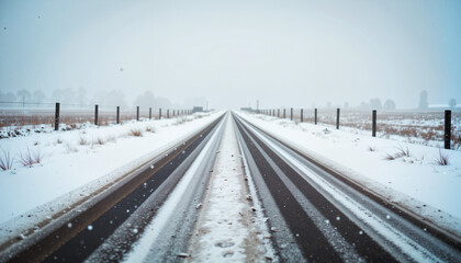 Snowy icy road stretching into the distance, winter tranquility