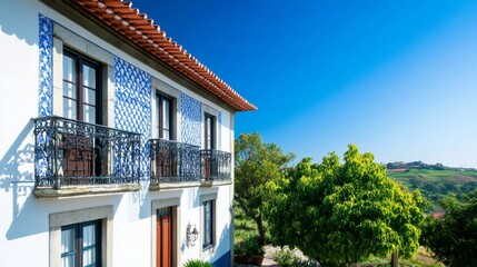 Obraz premium Charming blue-tiled house with balcony under clear sky, surrounded by lush greenery and hills