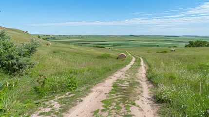 Fototapeta premium Expansive rural landscape featuring lush green fields, hay bales, and a vibrant summer sky