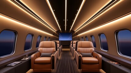 Fototapeta premium Luxurious private jet interior with plush seating and ambient lighting during sunset flight