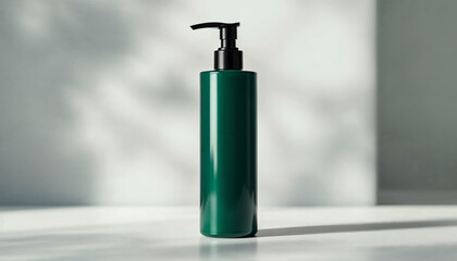 Obraz premium a dark green shampoo packaging bottle mockup with copy space