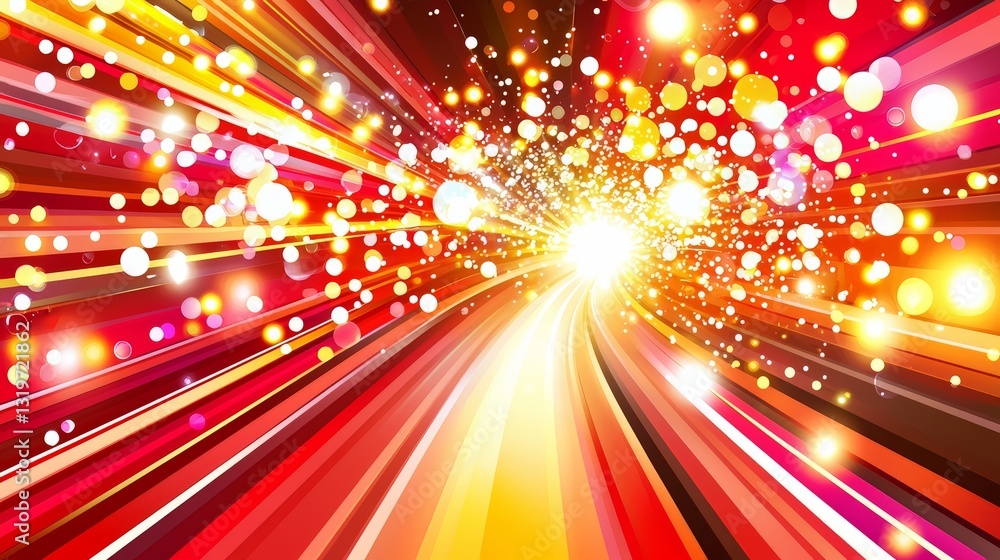 Poster Bright red and yellow background with a lot of small circles. The circles are scattered all over the background and are of different sizes. The background is very busy and colorful