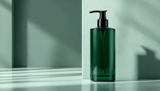 a dark green shampoo packaging bottle mockup with copy space