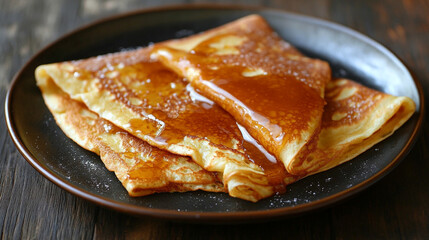 Freshly made Sweet Griddle Cakes with butter close up on a plate.Apple strudel with vanilla sauce served warm on a dark stone table