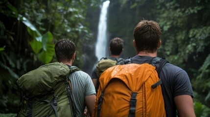 Three hikers trek through lush greenery towards a majestic waterfall. The image captures exploration and the beauty of nature, symbolizing adventure and discovery.