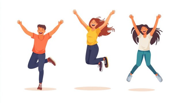 Jumping young happy people. Man and woman teenagers celebrating jump, flying persons in air. Flat vector characters isolated set. People young excited and celebrating, positive success illustration