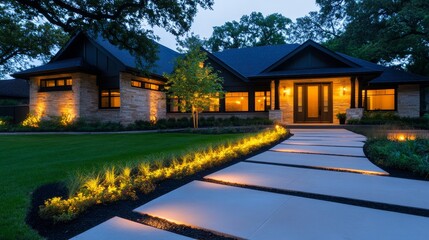 Modern suburban house illuminated at dusk with landscaped garden and pathway light