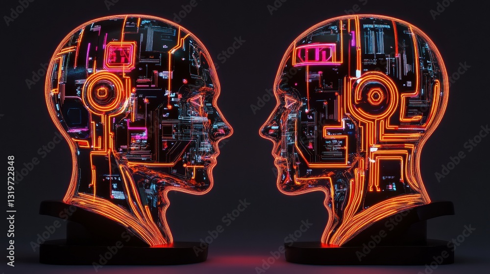 Aufkleber creative glowing circuit head outline. ai and robot concept. 3d rendering.
