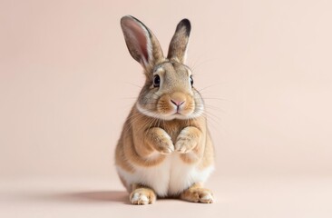 Adorable cute bunny folded his paws in front of him. Close-up. Happy Easter concept and idea