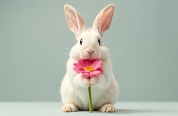Obraz premium Adorable cute bunny holding a flower in his paws. Foreground. Light background. Happy Easter concept and idea