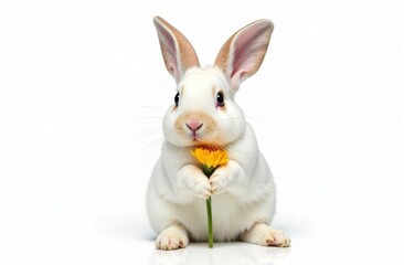 Obraz premium Adorable cute bunny holding a flower in his paws. Foreground. Light background. Happy Easter concept and idea