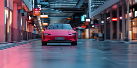 Fototapeta premium Futuristic pink electric car parked in a vibrant urban setting with modern architecture and shops