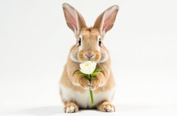 Obraz premium Adorable cute bunny holding a flower in his paws. Foreground. Light background. Happy Easter concept and idea