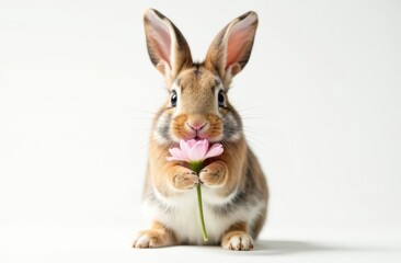 Obraz premium Adorable cute bunny holding a flower in his paws. Foreground. Light background. Happy Easter concept and idea