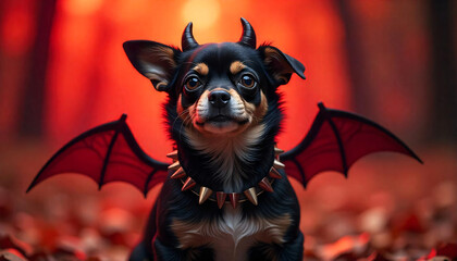 Dog, devil, costume, Halloween, pet, scary, horns, wings, red, background, spiked, collar, fierce, expression, dark, fur, glowing, eyes, sharp, teeth, playful, mischievous, demonic, canine, fantasy, d
