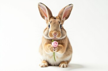 Obraz premium Adorable cute bunny holding a flower in his paws. Foreground. Light background. Happy Easter concept and idea
