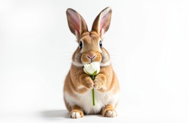 Obraz premium Adorable cute bunny holding a flower in his paws. Foreground. Light background. Happy Easter concept and idea