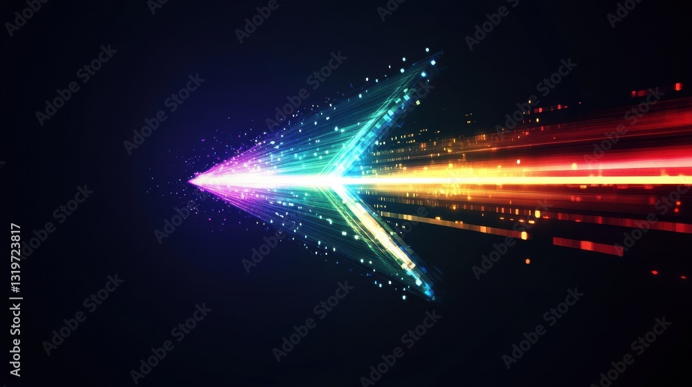 Poster a colorful arrow made of glowing light beams, pointing right at the center on a black background he 